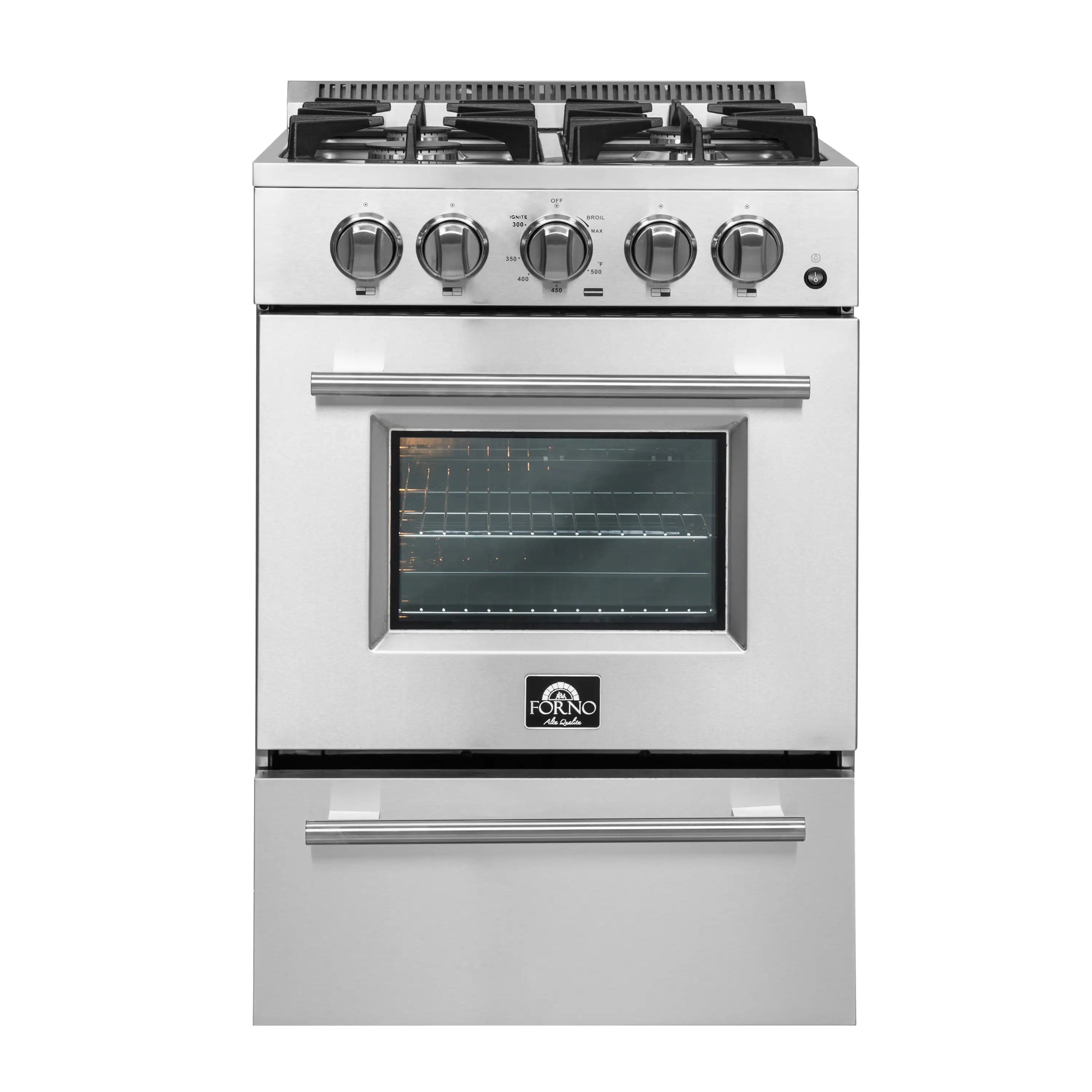 Stainless steel 24-inch gas range with four burner grates, control knobs, and oven window