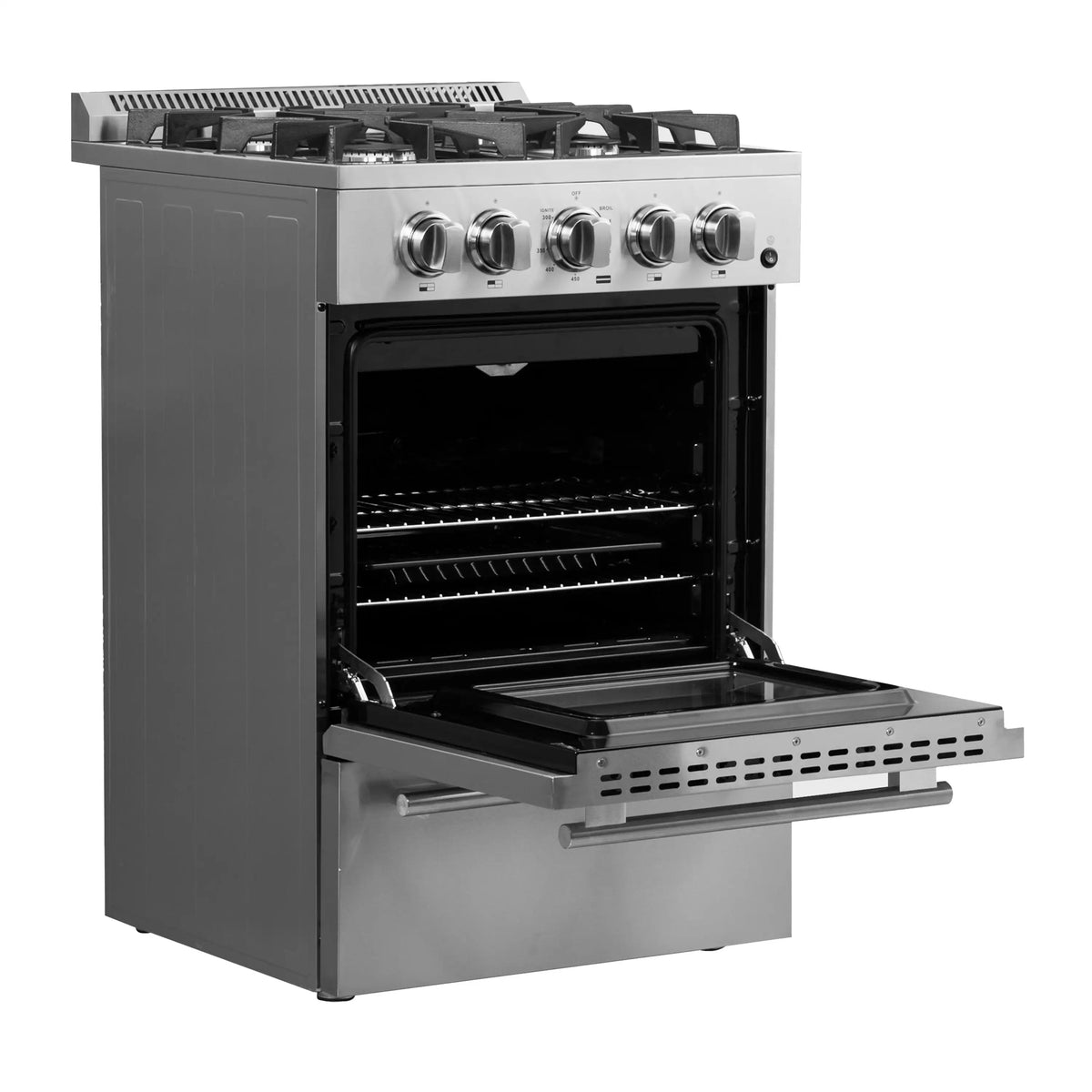 Stainless steel gas range with open oven door and pull-out lower drawer