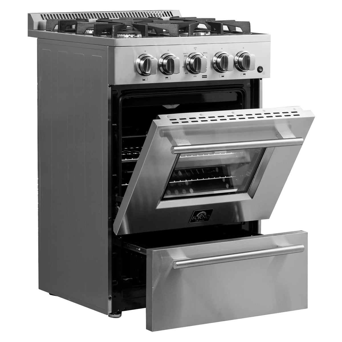 Stainless steel gas range with open oven door and extended broiler drawer