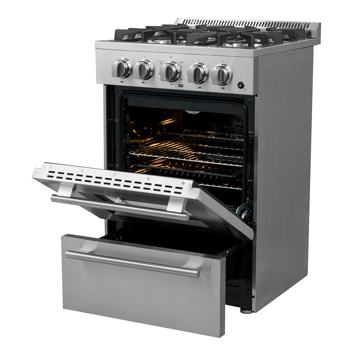 Stainless steel 24-inch gas range with open oven door and glowing heating elements
