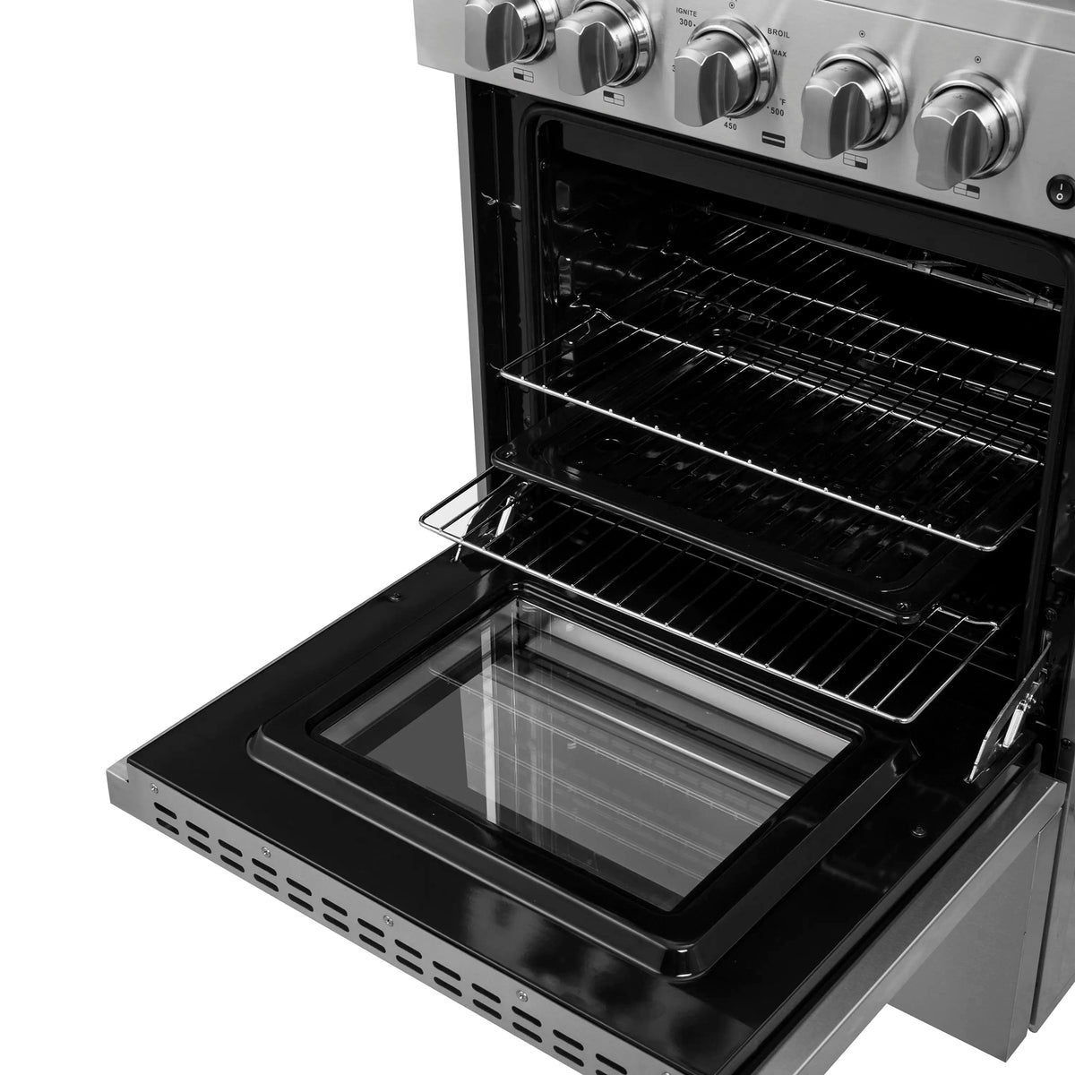 Stainless steel oven with open door, wire rack, and clear glass-front insert
