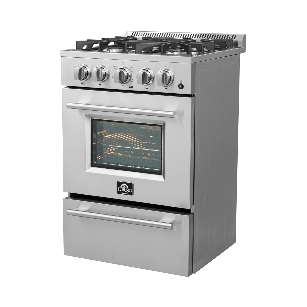 Stainless steel gas range with lit oven window and four burner grates