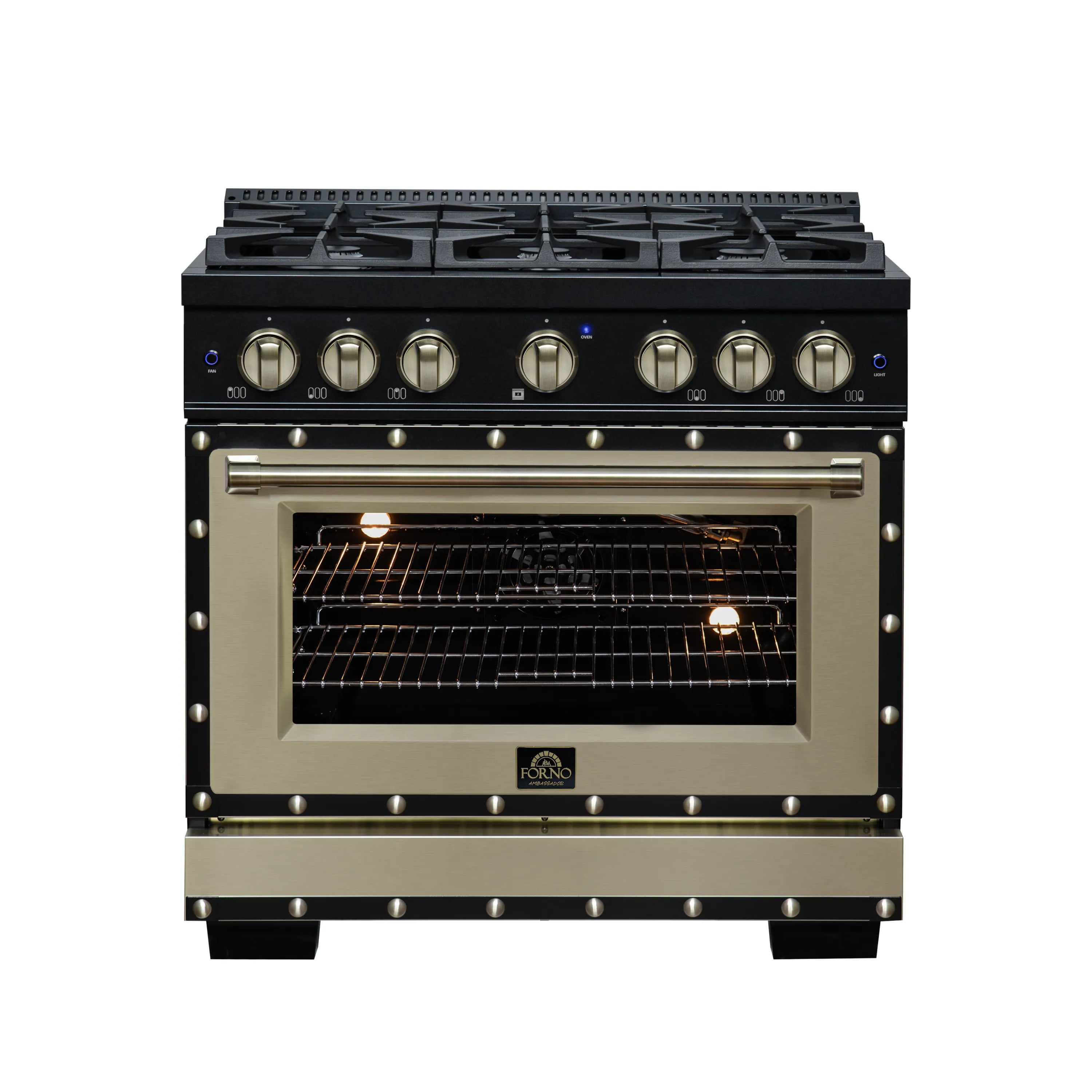 Front view of black gas range with brass knobs, brass door handle, and lit oven interior.