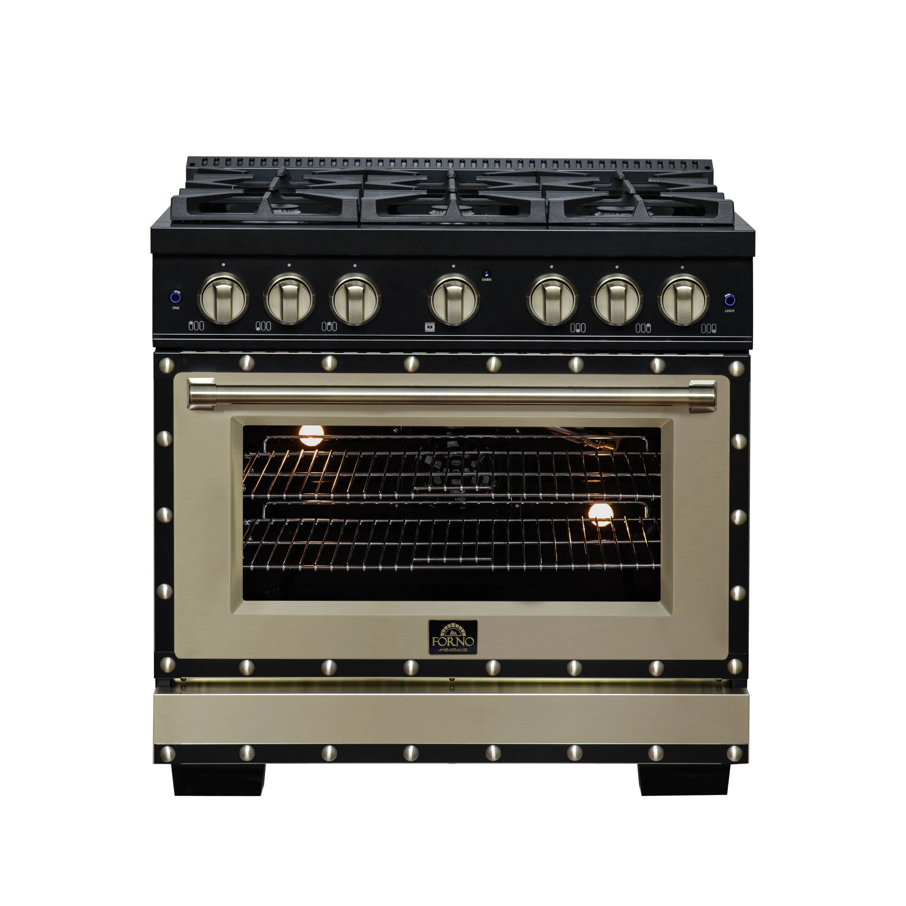 Front view of black gas range with brass knobs, brass door handle, and open oven window.