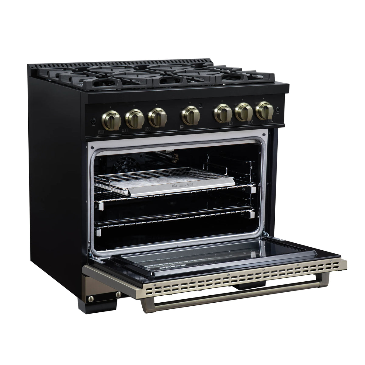 Black gas range with open oven door, interior racks, and brass control knobs.