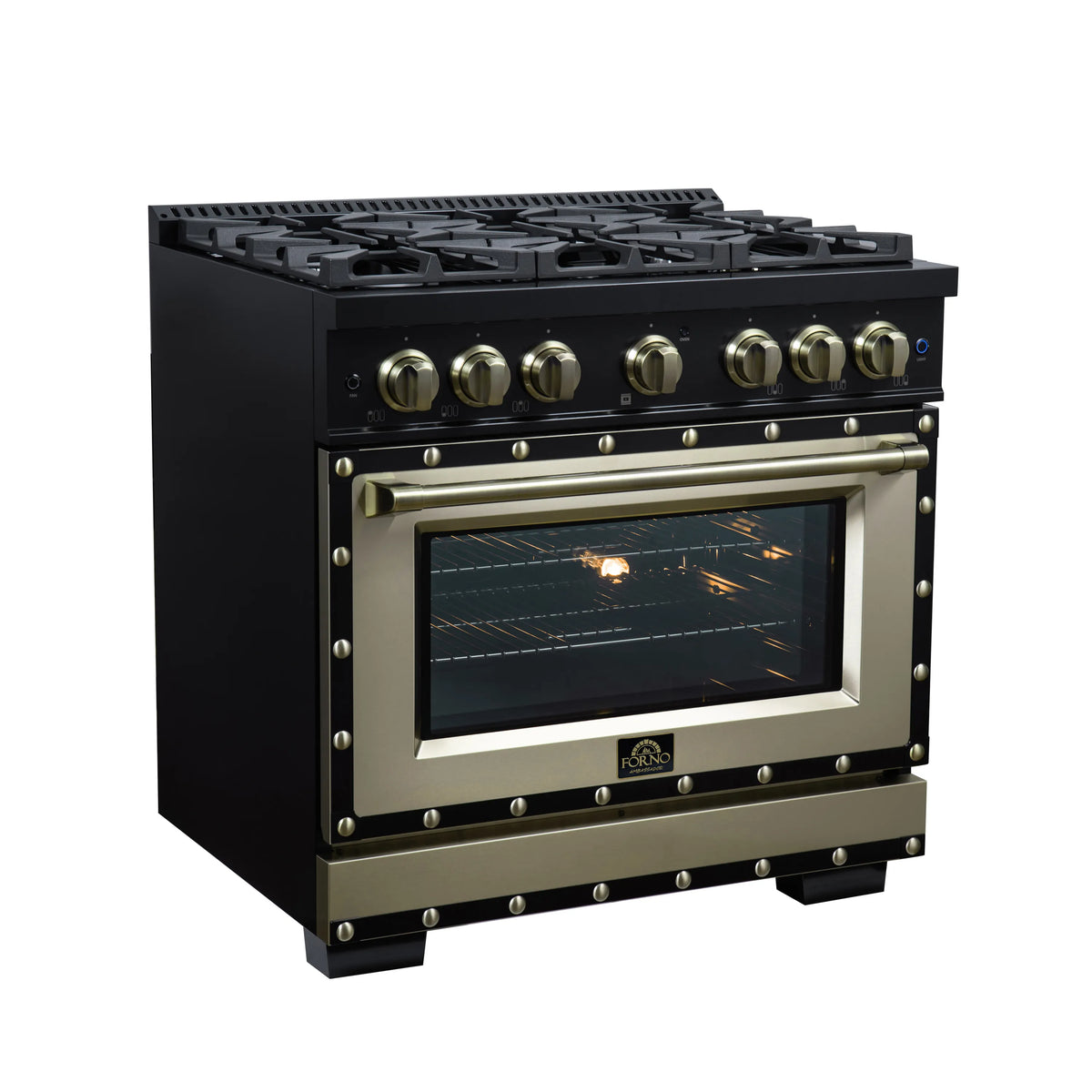 Black gas range with brass knobs, brass handle, and illuminated oven window behind glass.