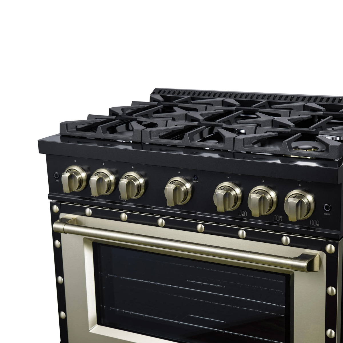 Black gas range with brass knobs and copper-trim oven door