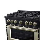 FORNO Valente 36-Inch Gas Range in Black with Antique Brass Handle and Decorative Copper Trim, 5.2 Cu.Ft. Convection Oven, 6 Sealed Burnes, 71 000 BTU Cooktop Output, Telescopic Racks (FFSGS6299-36CPBLK)