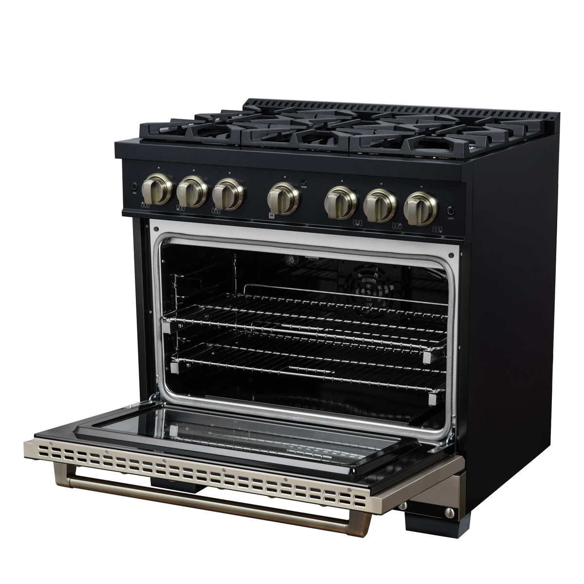 Black gas range with oven door open and lower warming surface extended; brass knobs above.