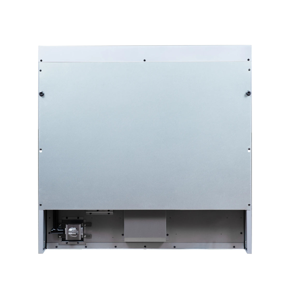 White gas range back panel with open cavity and mounting points