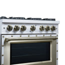 FORNO Valente 36-Inch Gas Range in White with Antique Brass Handle and Decorative Copper Trim, 5.2 Cu.Ft. Convection Oven, 6 Sealed Burnes, 71 000 BTU Cooktop Output, Telescopic Racks (FFSGS6299-36CPWHT)