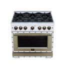 FORNO Valente 36-Inch Gas Range in White with Antique Brass Handle and Decorative Copper Trim, 5.2 Cu.Ft. Convection Oven, 6 Sealed Burnes, 71 000 BTU Cooktop Output, Telescopic Racks (FFSGS6299-36CPWHT)