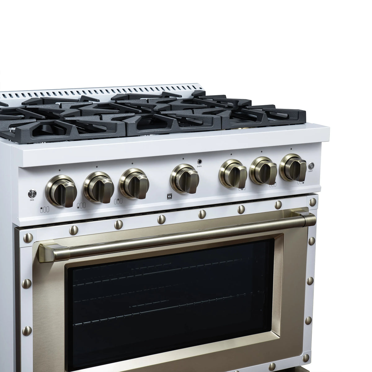 White gas range with brass control knobs, six black burners, and oven door with window