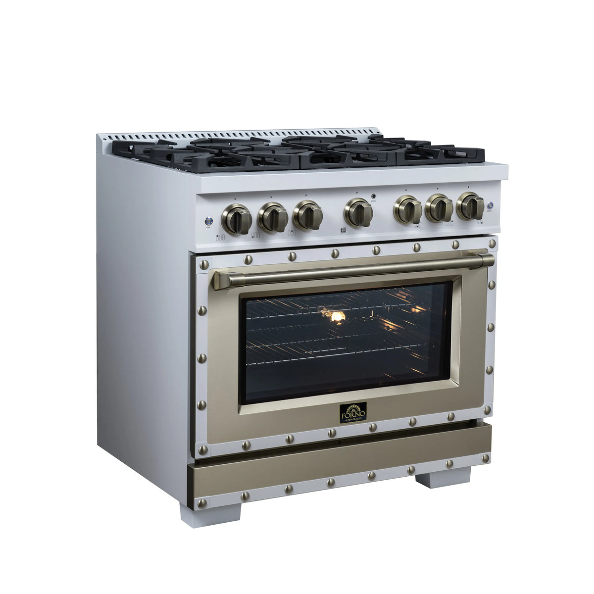 White 36-inch gas range with six burners, brass trim, and oven window on front corner