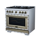FORNO Valente 36-Inch Gas Range in White with Antique Brass Handle and Decorative Copper Trim, 5.2 Cu.Ft. Convection Oven, 6 Sealed Burnes, 71 000 BTU Cooktop Output, Telescopic Racks (FFSGS6299-36CPWHT)