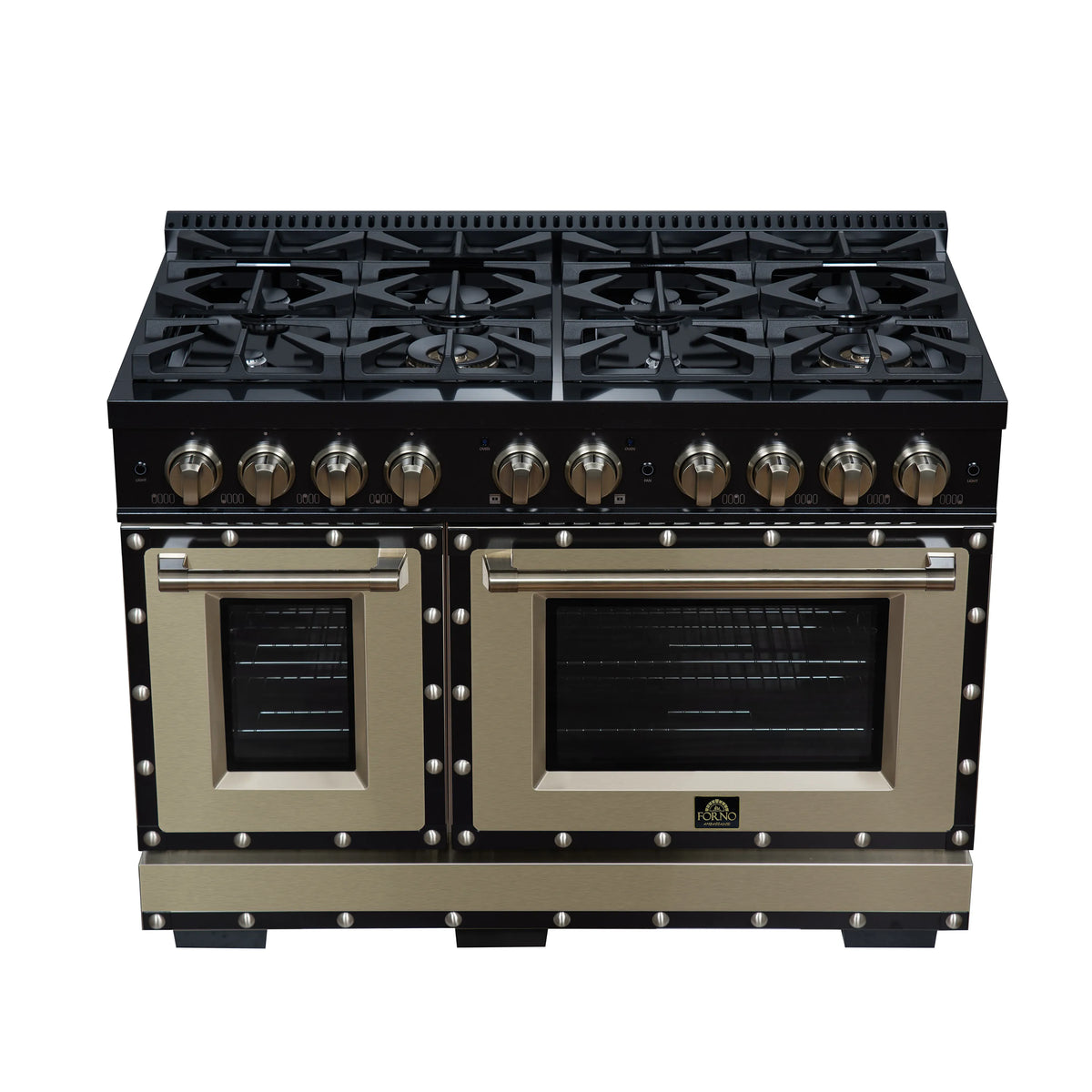 Black double-door gas range with brass handles, knobs, and cooktop burner grates.