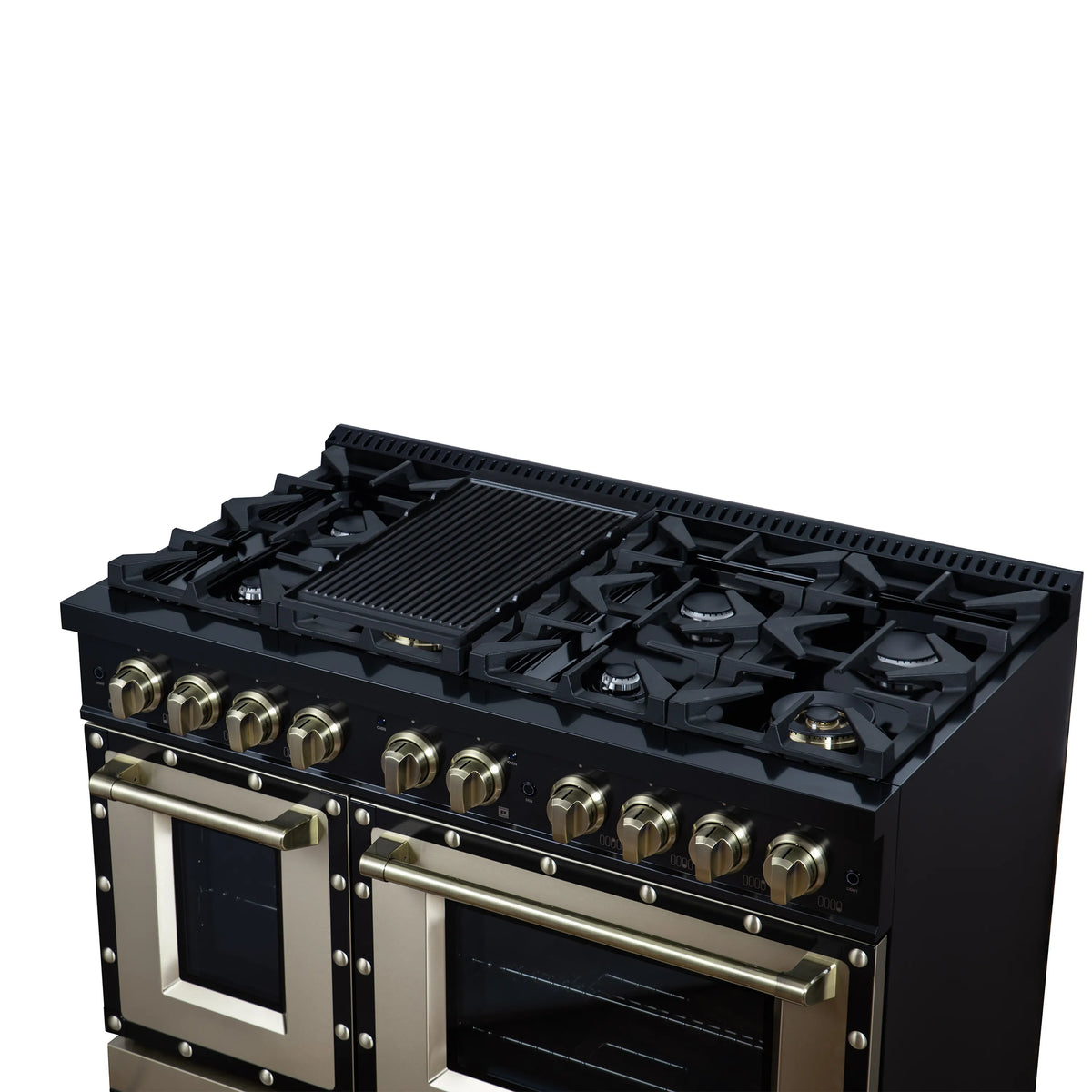 Black gas range cooktop with cast burners grates and brass control knobs.