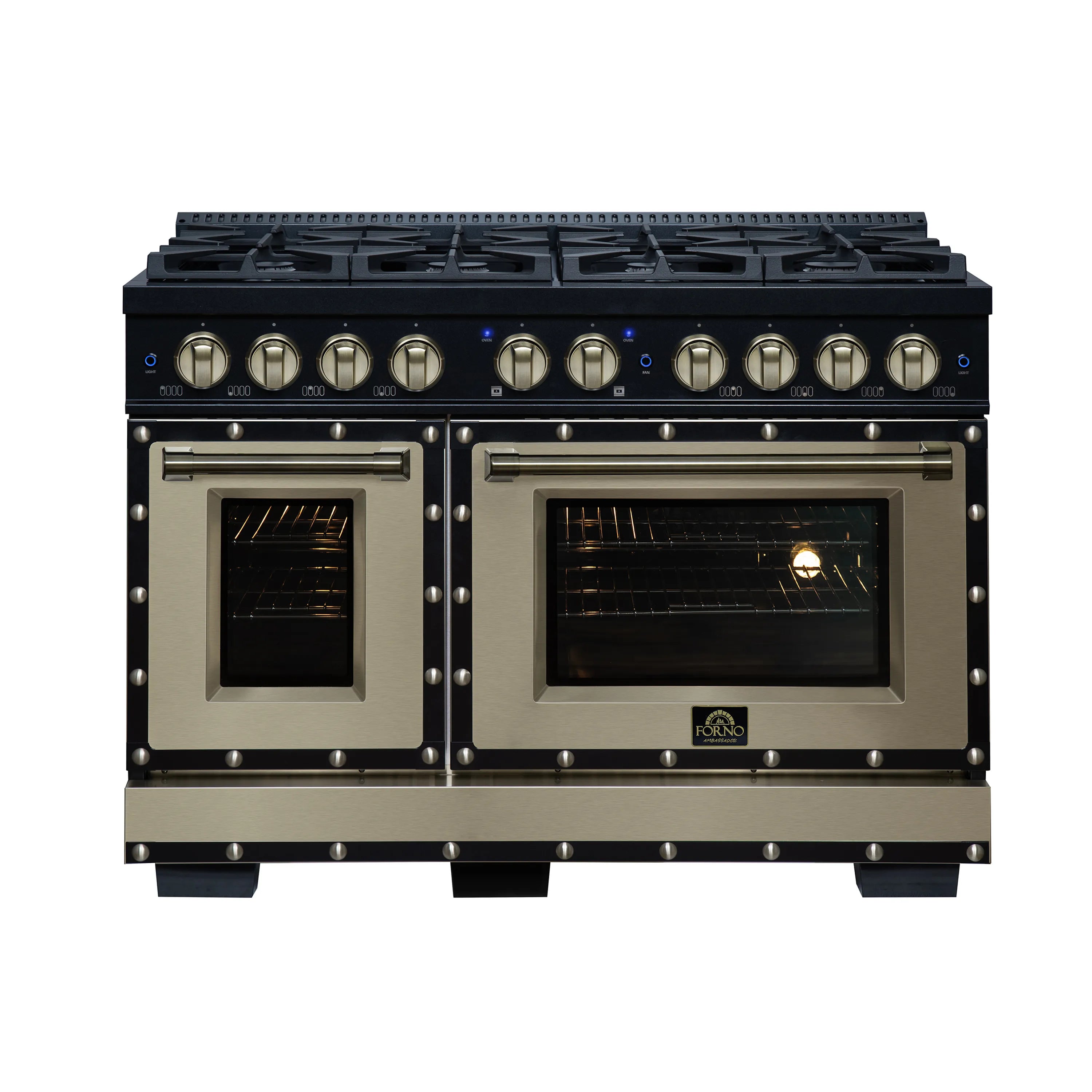 Black 48 in gas range with double ovens, brass knobs, copper trim, 8 burners