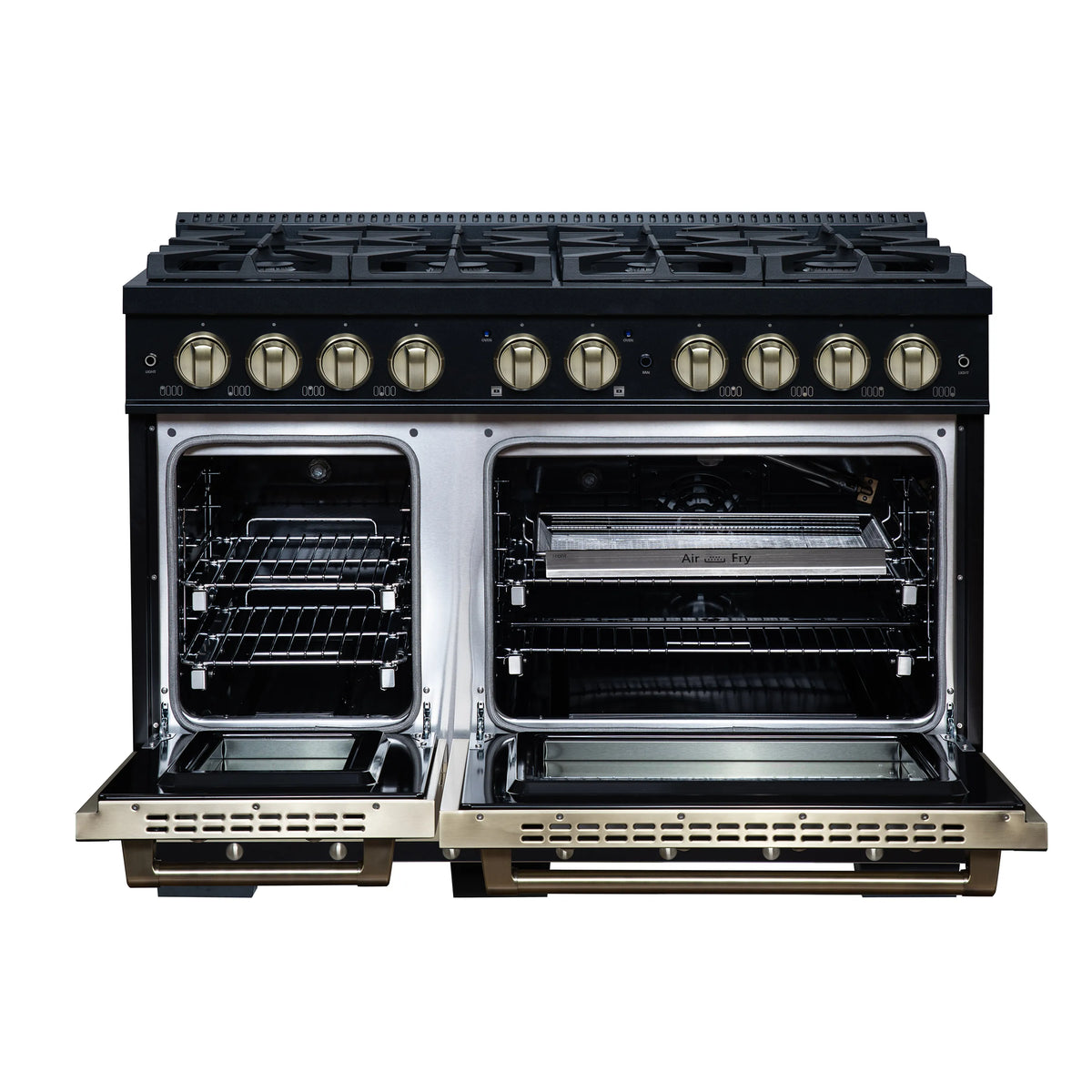 Black double oven with both doors open, pullout racks extended, brass knobs overhead