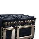 FORNO Valente 48-Inch Gas Range in Black with Antique Brass Handle and Decorative Copper Trim, 6.7 Cu. Ft. Double Oven, 8 Sealed Burners, 94 000 BTU Cooktop Output, Telescopic Racks ( FFSGS6299-48CPBLK)
