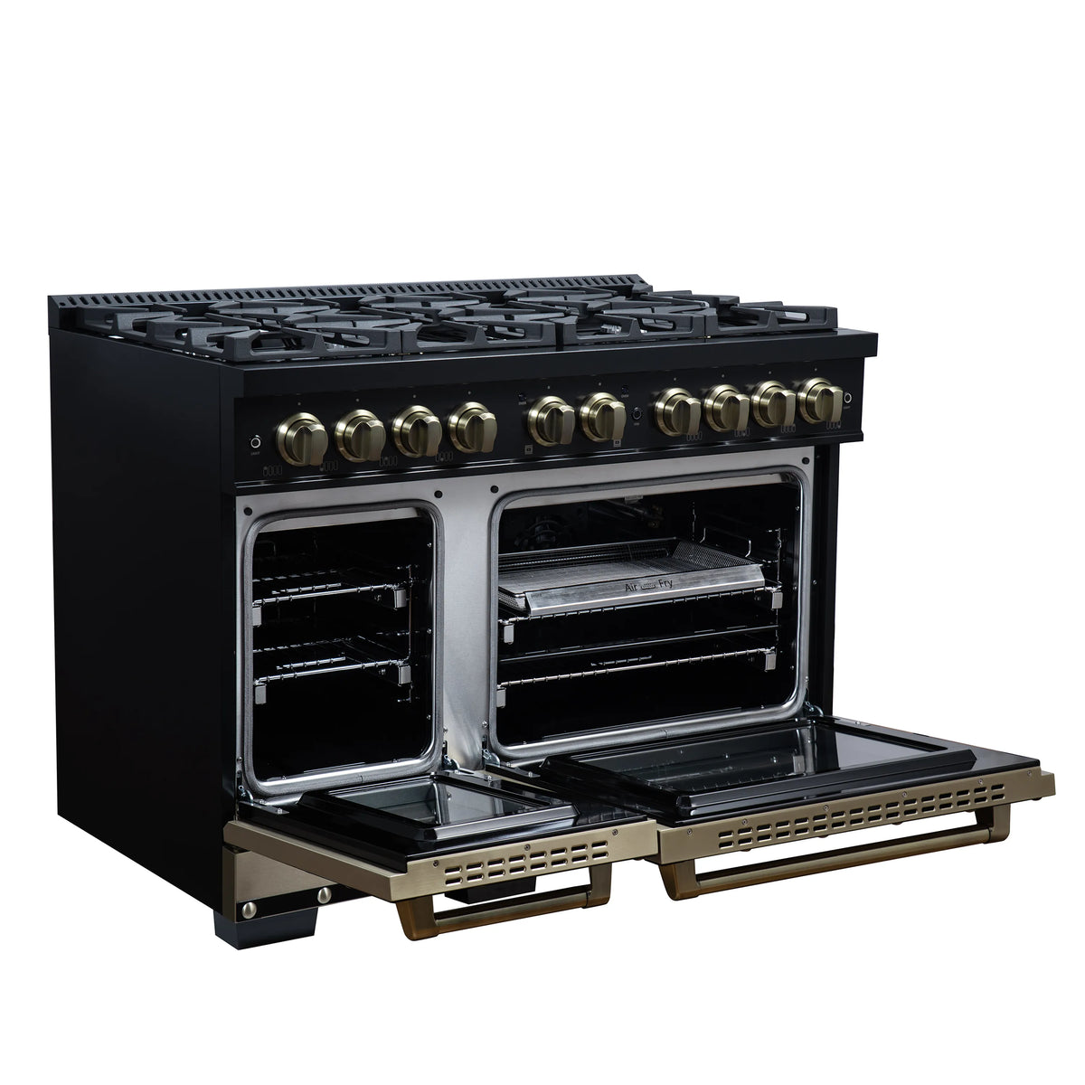 Black double oven with open doors and extended racks, brass control knobs above