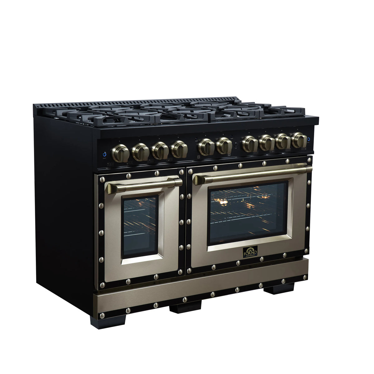 Black gas range with double ovens, brass knobs, and decorative copper trim.