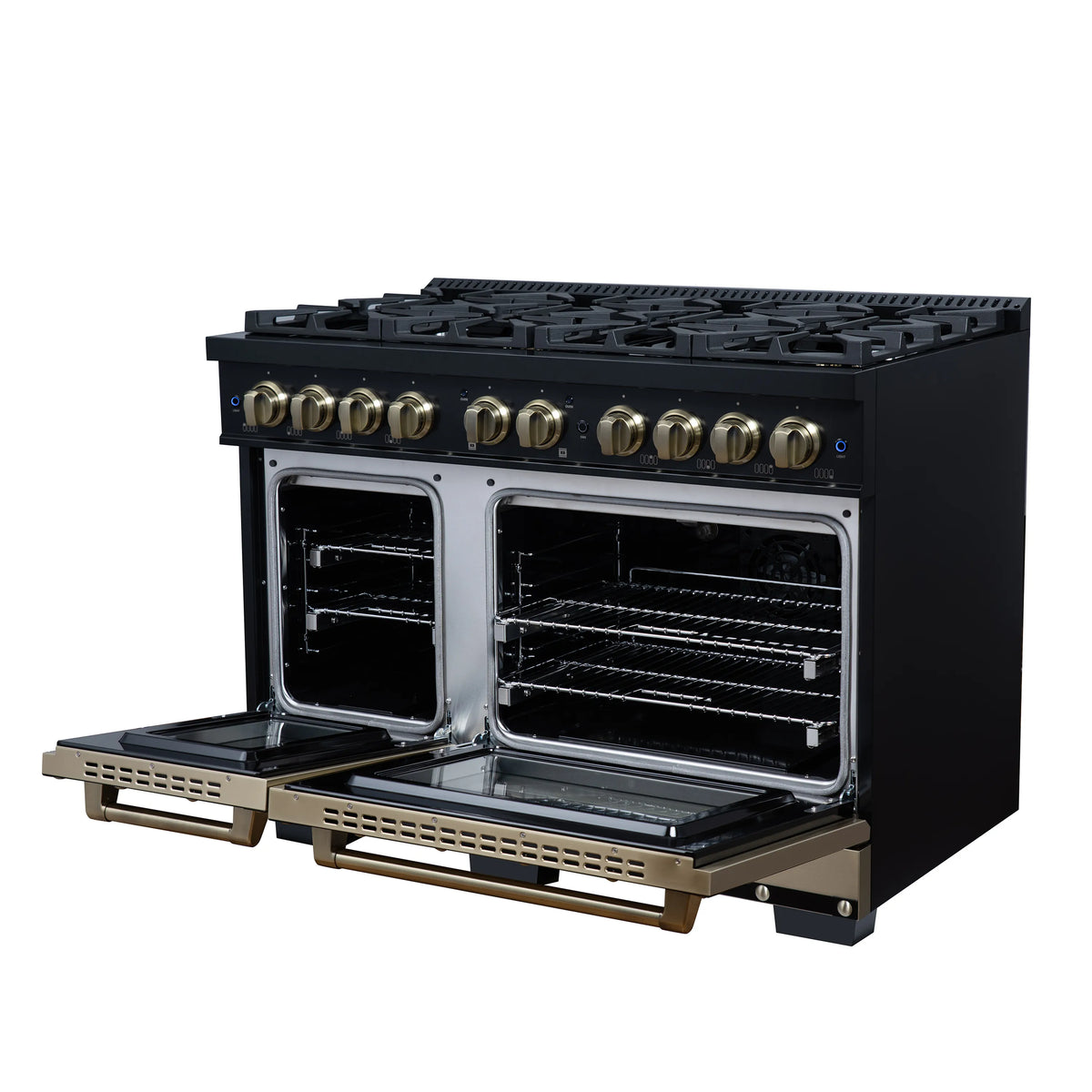 Black double oven with open doors, brass knobs, and pullout racks with rails