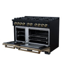 FORNO Valente 48-Inch Gas Range in Black with Antique Brass Handle and Decorative Copper Trim, 6.7 Cu. Ft. Double Oven, 8 Sealed Burners, 94 000 BTU Cooktop Output, Telescopic Racks ( FFSGS6299-48CPBLK)