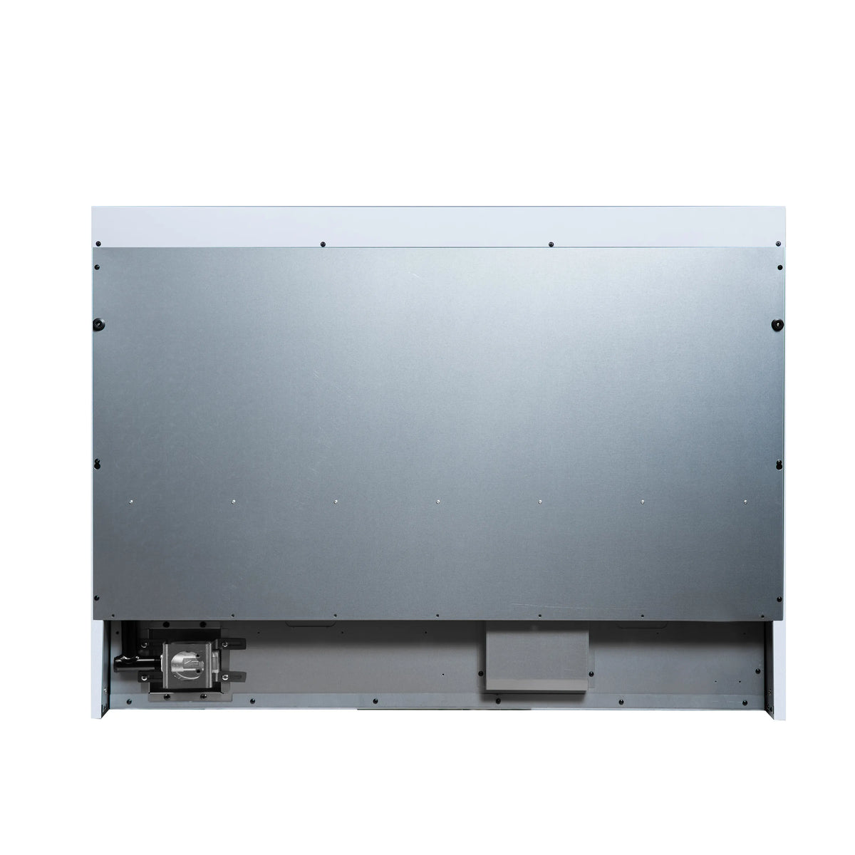 Back panel of white gas range with mounting brackets and vent opening