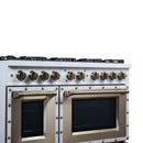 FORNO Valente 48-Inch Gas Range in White with Antique Brass Handle and Decorative Copper Trim, 6.7 Cu. Ft. Double Oven, 8 Sealed Burners, 94 000 BTU Cooktop Output, Telescopic Racks (FFSGS6299-48CPWHT)