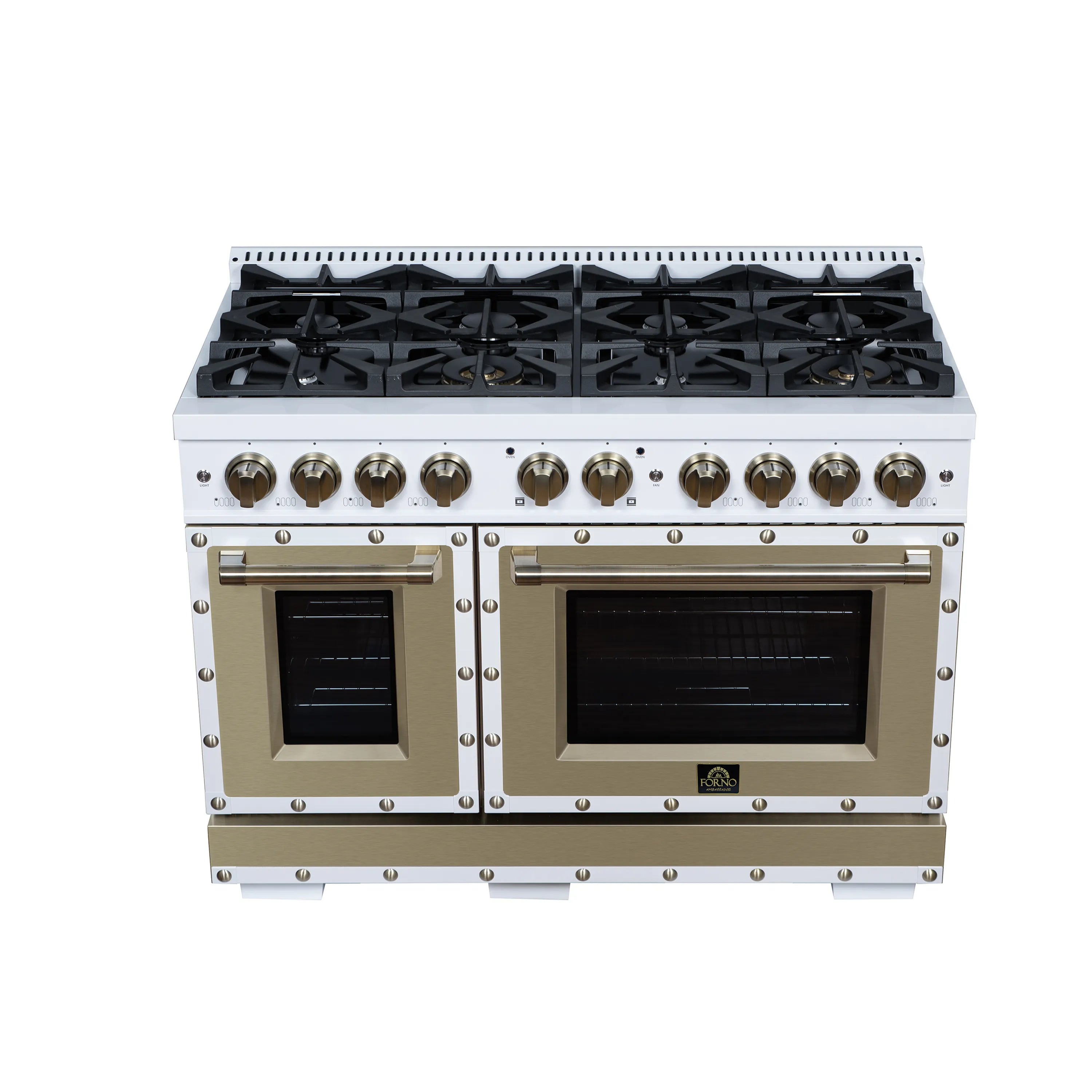 White double-oven gas range with four burner knobs, brass handles, and dark oven windows