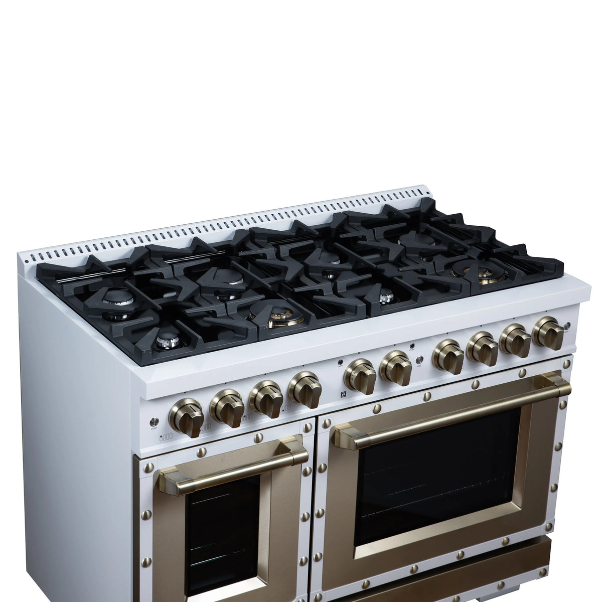 White gas range with eight-burner cooktop, brass controls, and one oven door open