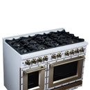 FORNO Valente 48-Inch Gas Range in White with Antique Brass Handle and Decorative Copper Trim, 6.7 Cu. Ft. Double Oven, 8 Sealed Burners, 94 000 BTU Cooktop Output, Telescopic Racks (FFSGS6299-48CPWHT)