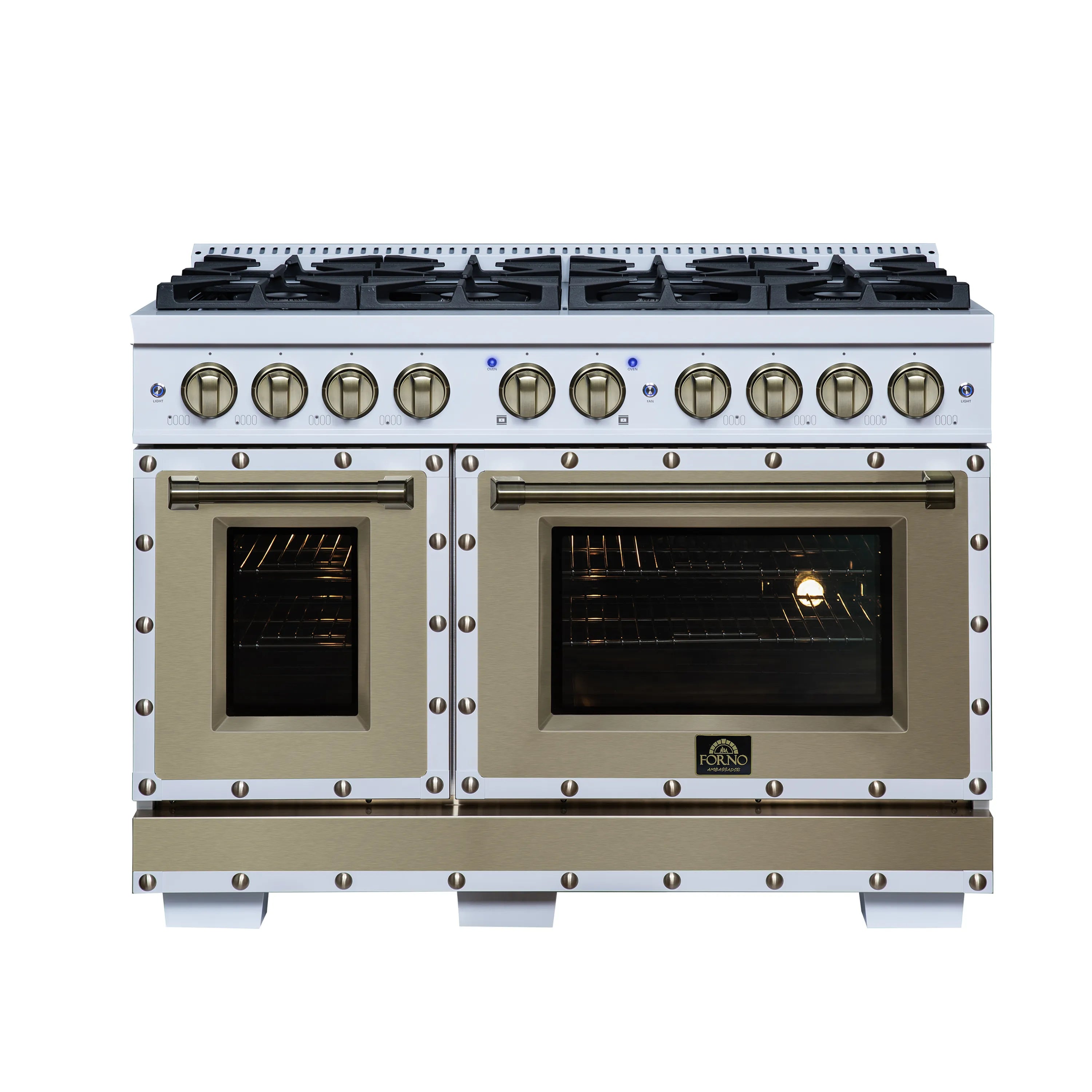 White double gas range front with brass control knobs, black oven windows, copper accents