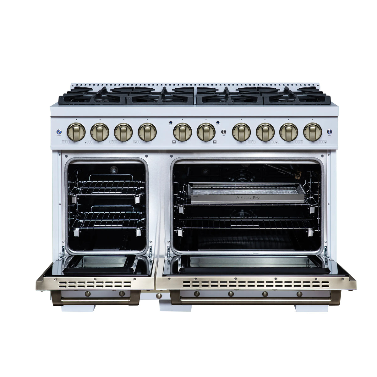 White double gas range with open ovens, brass knobs, and black burner grates