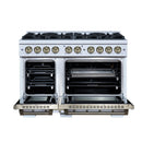 FORNO Valente 48-Inch Gas Range in White with Antique Brass Handle and Decorative Copper Trim, 6.7 Cu. Ft. Double Oven, 8 Sealed Burners, 94 000 BTU Cooktop Output, Telescopic Racks (FFSGS6299-48CPWHT)