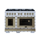 FORNO Valente 48-Inch Gas Range in White with Antique Brass Handle and Decorative Copper Trim, 6.7 Cu. Ft. Double Oven, 8 Sealed Burners, 94 000 BTU Cooktop Output, Telescopic Racks (FFSGS6299-48CPWHT)