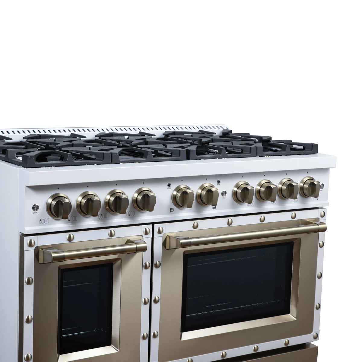 White gas range cooktop with eight burners and antique brass control knobs