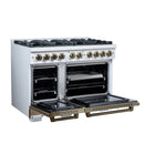 FORNO Valente 48-Inch Gas Range in White with Antique Brass Handle and Decorative Copper Trim, 6.7 Cu. Ft. Double Oven, 8 Sealed Burners, 94 000 BTU Cooktop Output, Telescopic Racks (FFSGS6299-48CPWHT)