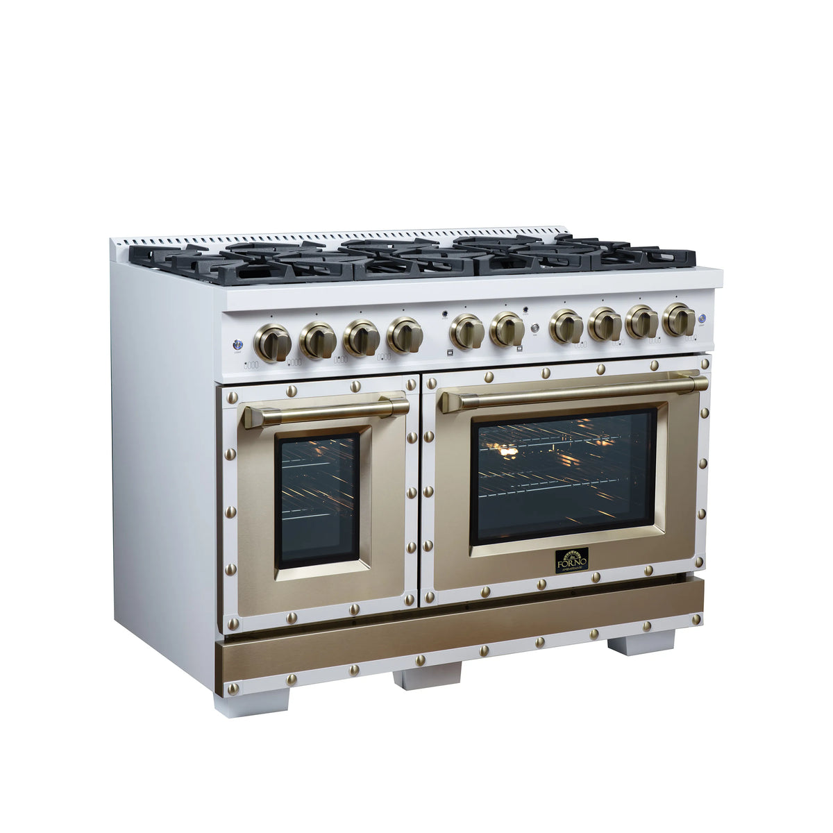 White double-oven gas range with eight burners, brass handles, and closed oven doors