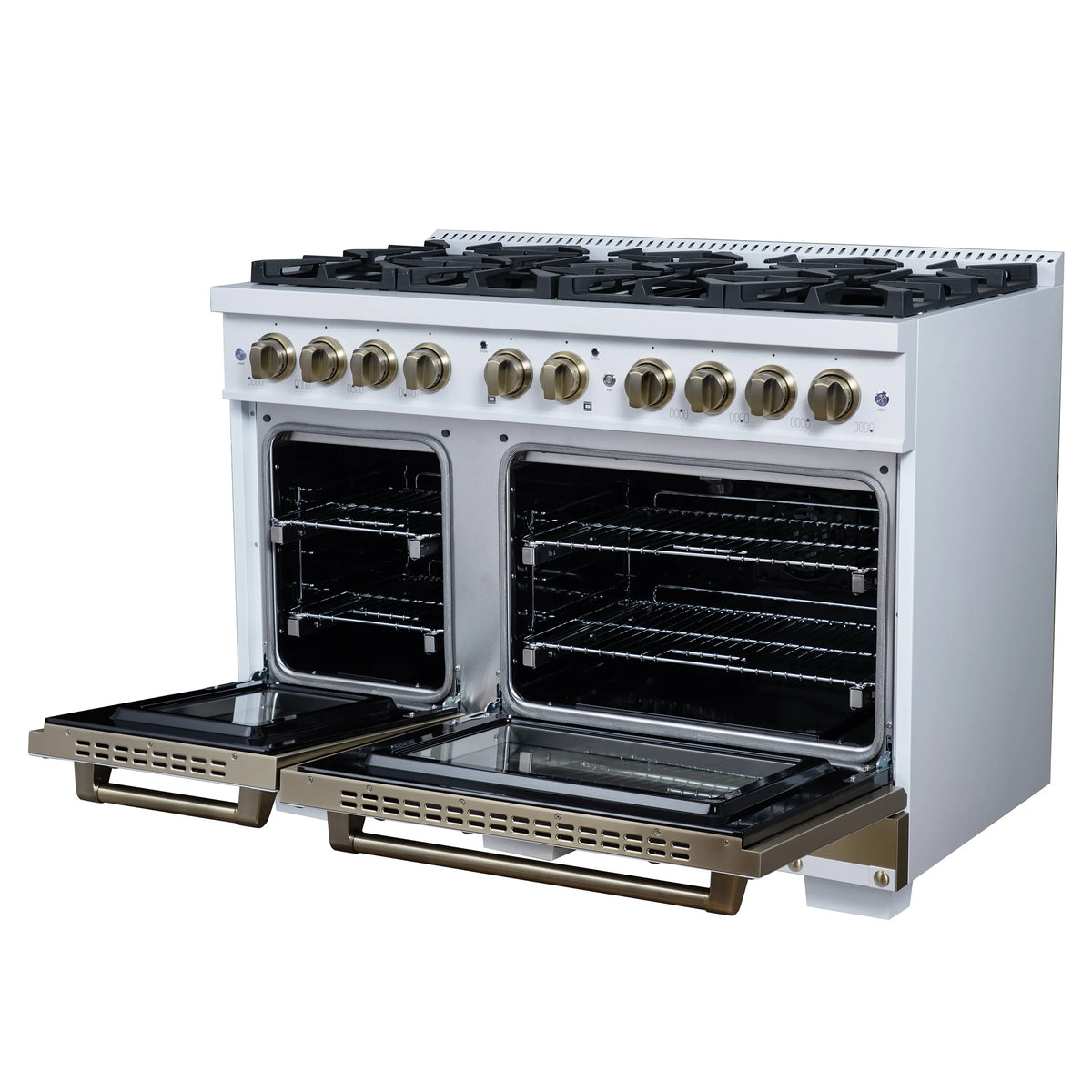 White gas range with both ovens open and racks, plus brass-trimmed oven doors