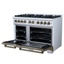FORNO Valente 48-Inch Gas Range in White with Antique Brass Handle and Decorative Copper Trim, 6.7 Cu. Ft. Double Oven, 8 Sealed Burners, 94 000 BTU Cooktop Output, Telescopic Racks (FFSGS6299-48CPWHT)