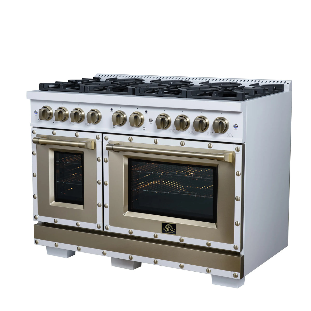 White double-oven gas range with brass-trim door frames and eight-burner cooktop