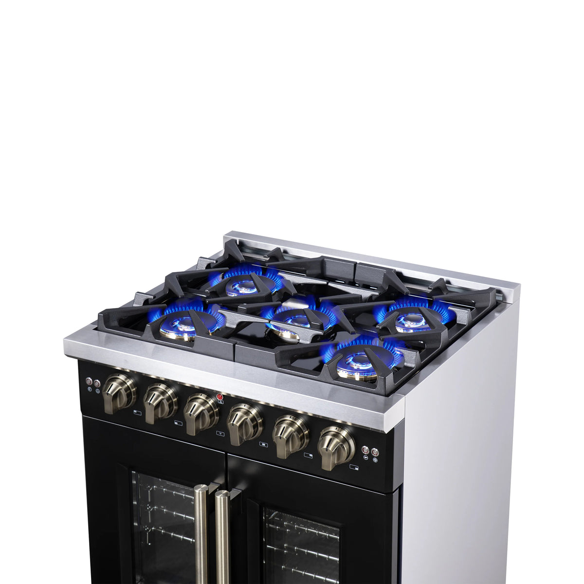 Black freestanding gas range with four blue-lit burners and stainless control panel