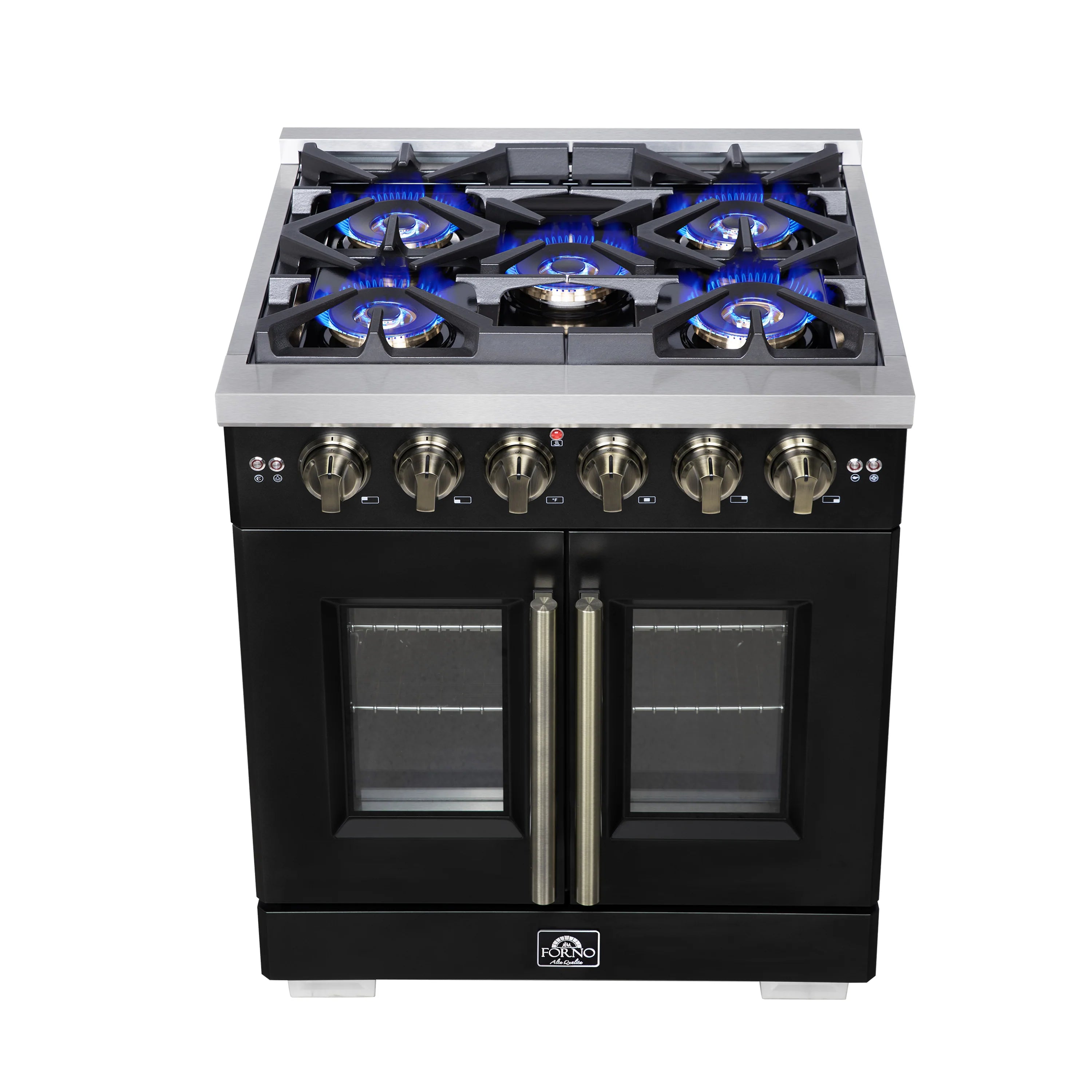 Black gas range with four lit burners and French door oven doors.