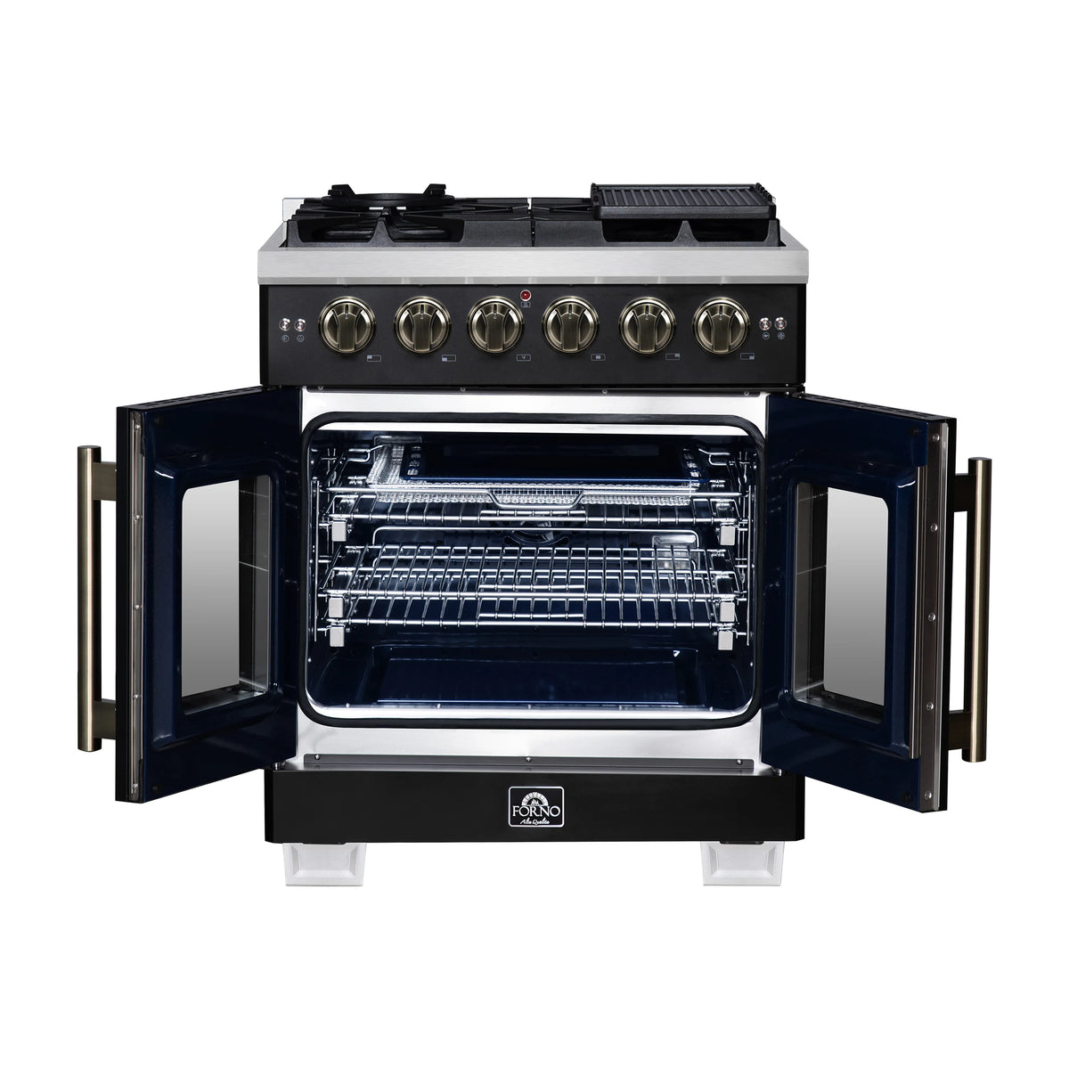 Black freestanding gas range with open French oven doors and rack inside