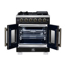 Forno Capriasca 30-Inch Freestanding French Door Gas Range with 4 Burners and 4.32 Cu.Ft. Convection Oven in Black with Antique Brass Handle (FFSGS6460-30BLK)