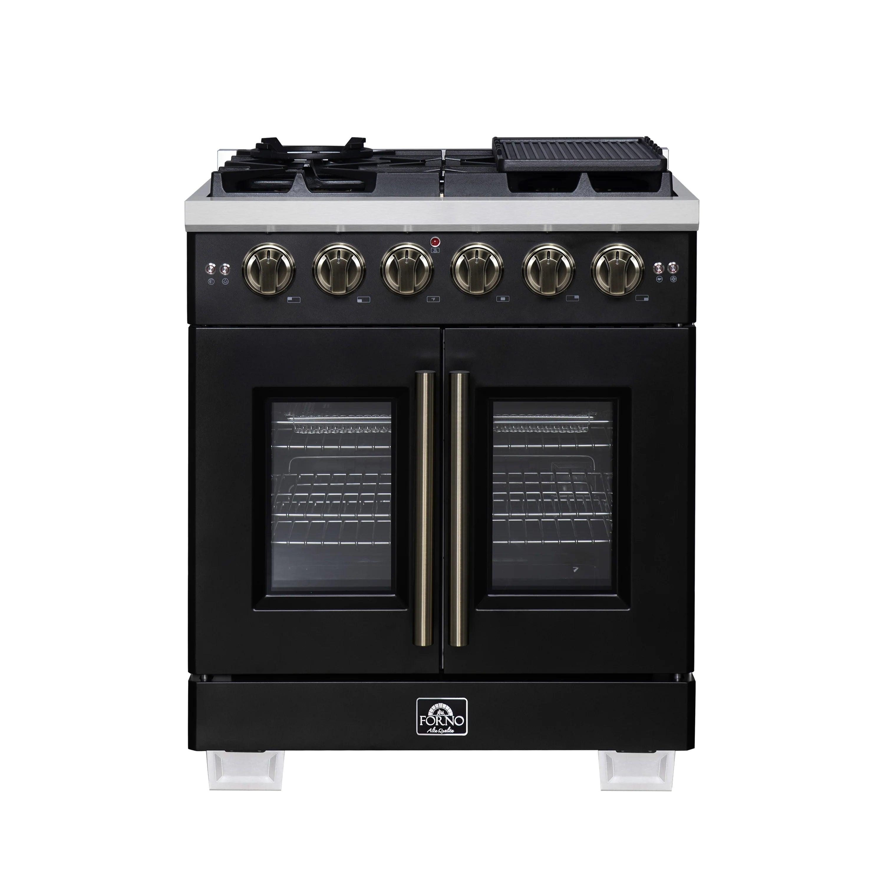 Black freestanding gas range with two French oven doors and antique brass handles