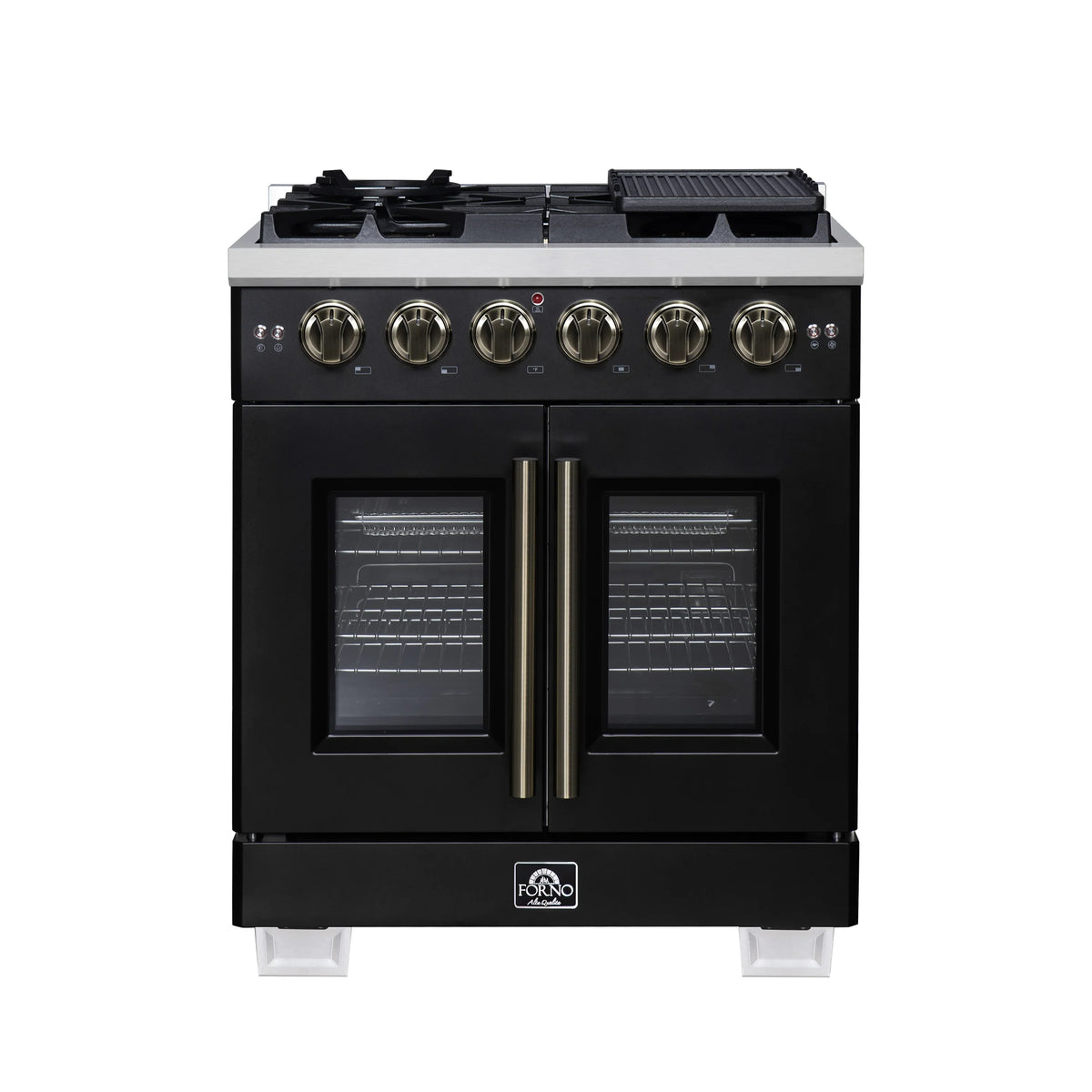 Forno Capriasca 30-Inch Freestanding French Door Gas Range with 4 Burners and 4.32 Cu.Ft. Convection Oven in Black with Antique Brass Trim (FFSGS6460-30BLK)