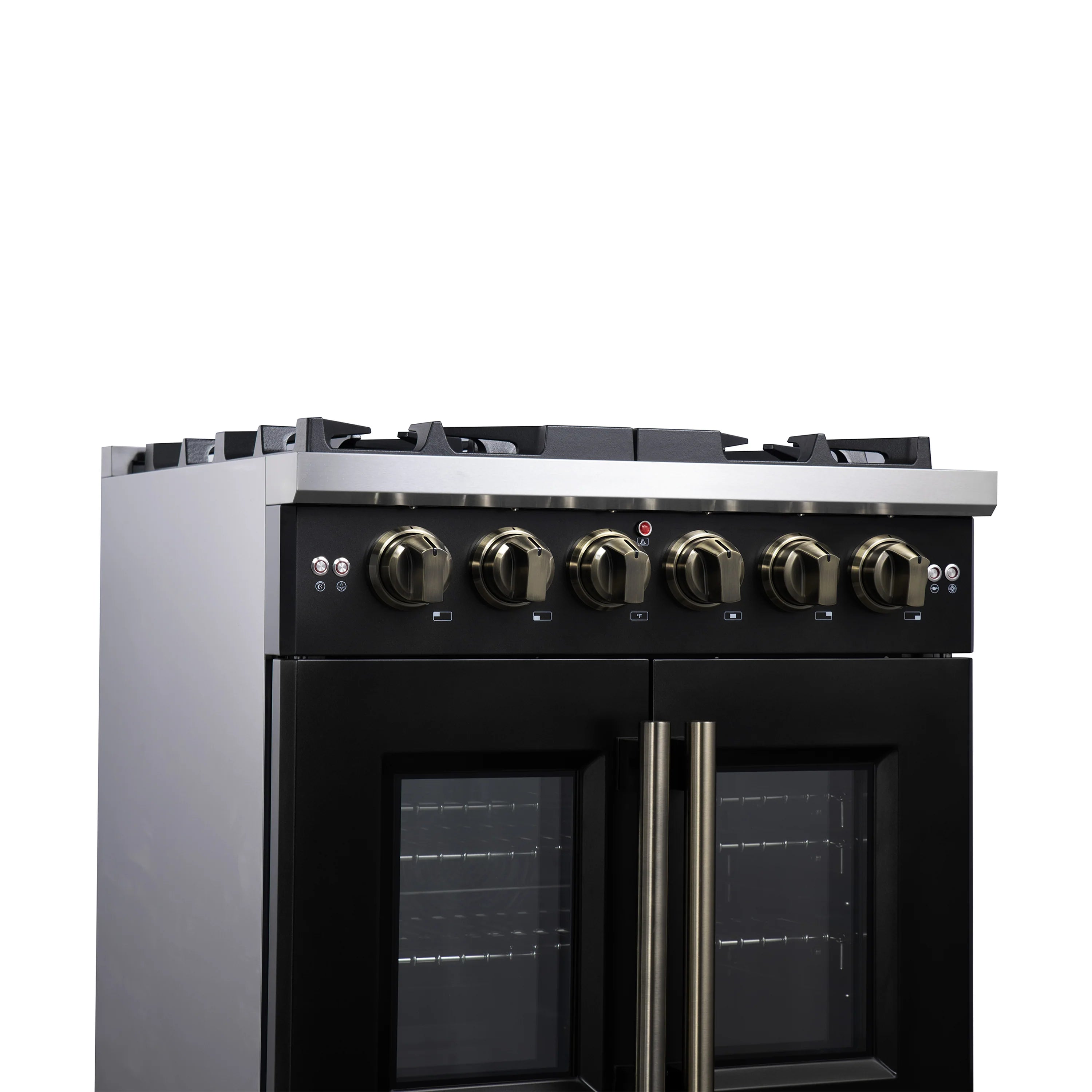Black gas range front view with brass-finish control knobs and two oven doors